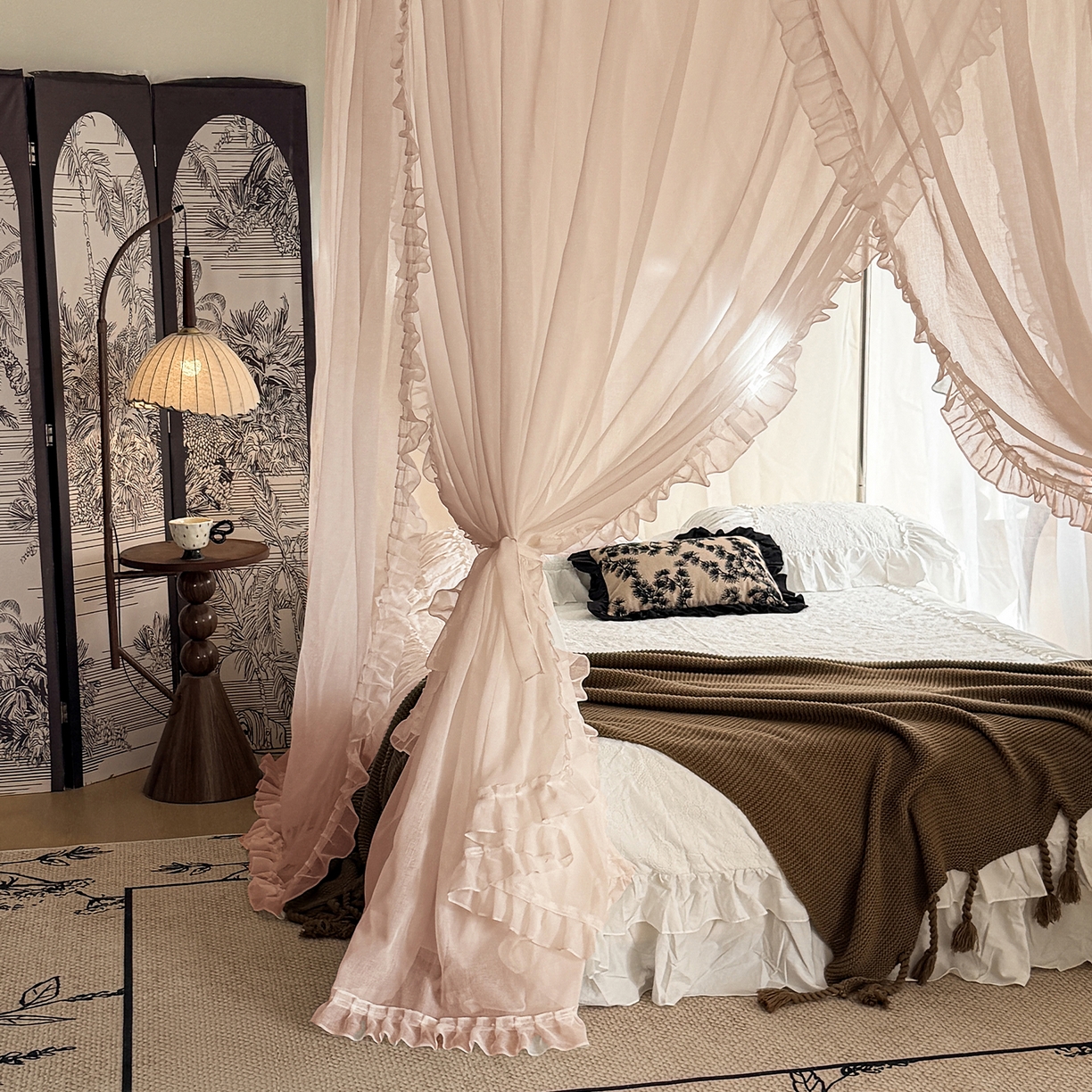 91家纺网 家纺一手货源 找家纺 都市缘蚊帐 2026新款3302多丽棉纱伸缩宫廷蚊帐 3302-粉扑色