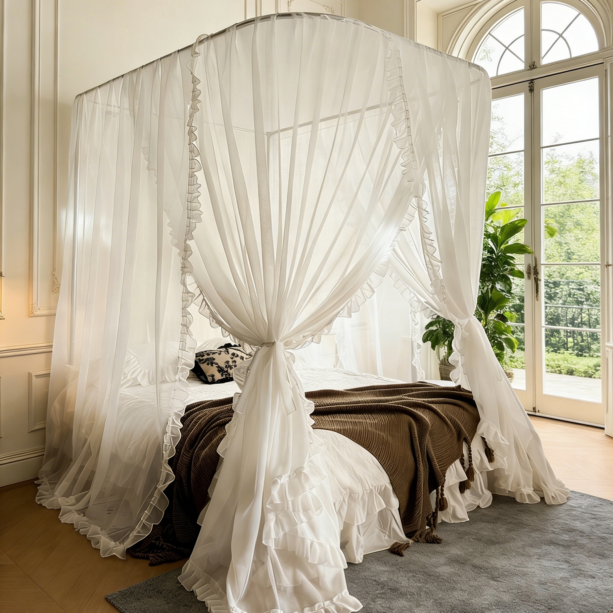 91家纺网 家纺一手货源 找家纺 都市缘蚊帐 2026新款3302多丽棉纱伸缩宫廷蚊帐 3302-云雾白