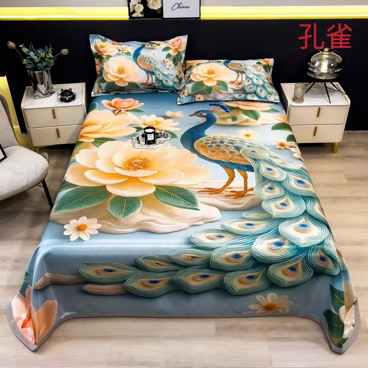 许林家纺 2026爆款数码印花大版高克重冰丝凉席 孔雀