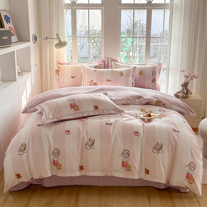 眷恋家纺 2026新款全棉春夏铂金棉13376数码印花四件套 音乐兔-粉