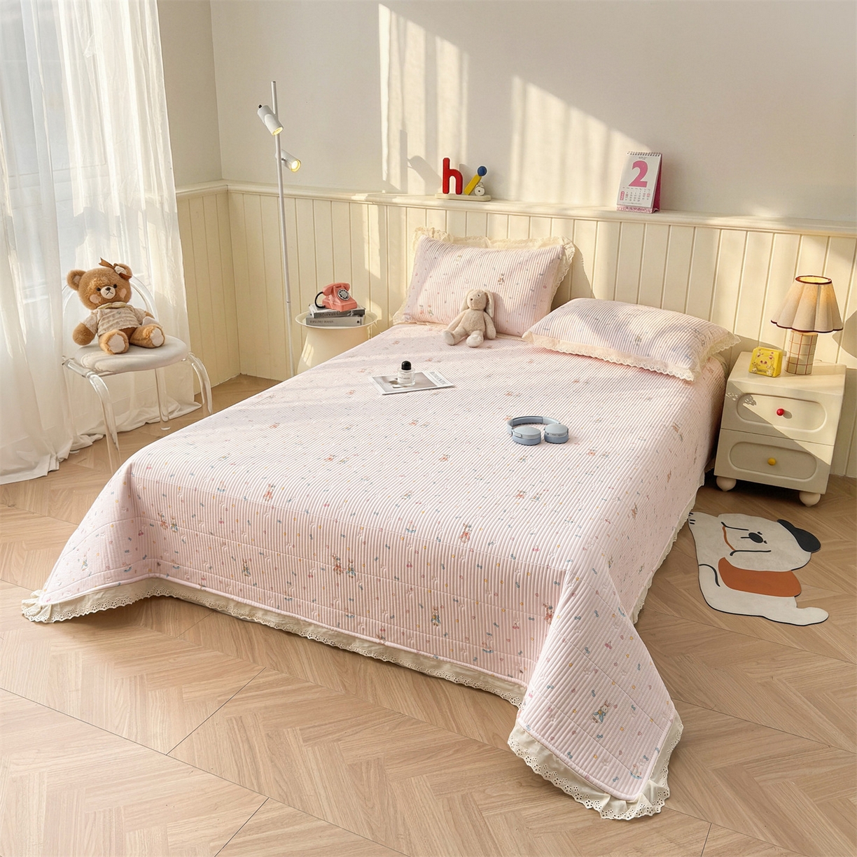 91家纺网 家纺一手货源 找家纺 雯豆家纺 2026春夏新款A类凉感花边床盖三件套 花边床盖-兔子公主