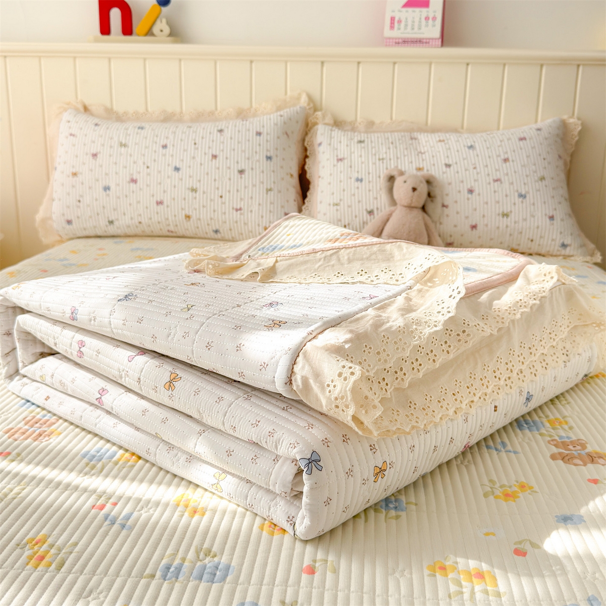 91家纺网 家纺一手货源 找家纺 雯豆家纺 2026春夏新款A类凉感花边床盖三件套 花边床盖-多彩蝴蝶