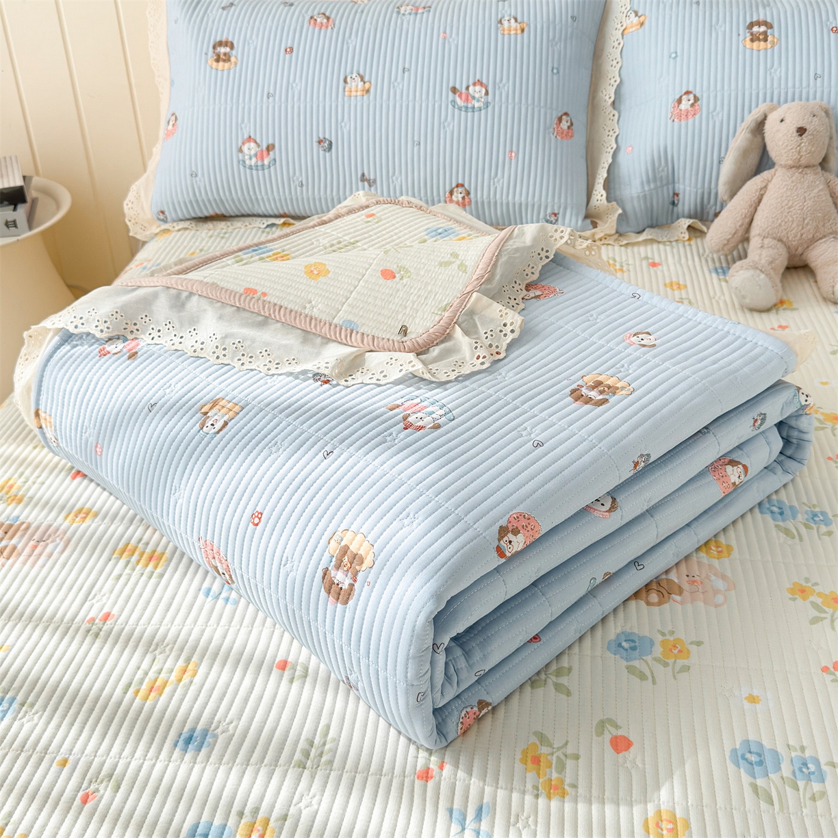 雯豆家纺 2026春夏新款A类凉感花边床盖三件套 花边床盖-修勾木马（蓝）