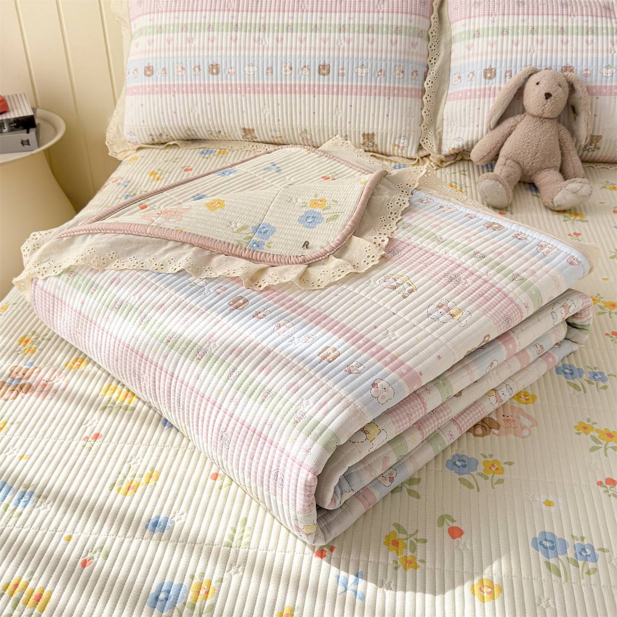 雯豆家纺 2026春夏新款A类凉感花边床盖三件套 花边床盖-熊趣小窝