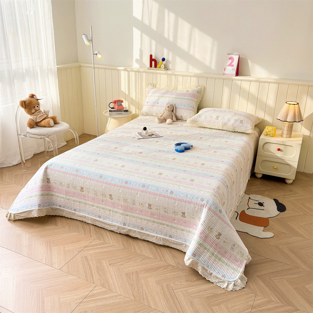 91家纺网 家纺一手货源 找家纺 雯豆家纺 2026春夏新款A类凉感花边床盖三件套 花边床盖-熊趣小窝