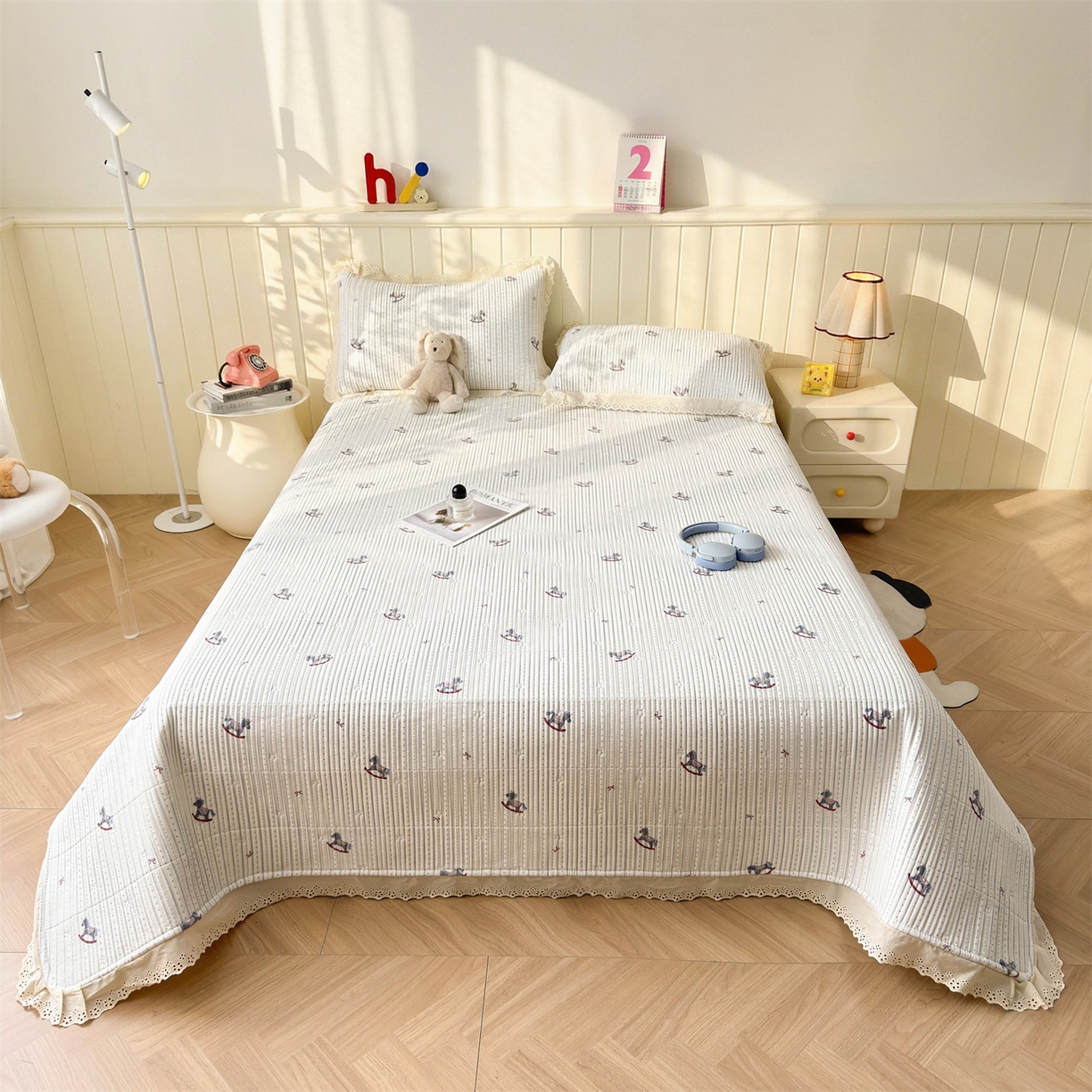 91家纺网 家纺一手货源 找家纺 雯豆家纺 2026春夏新款A类凉感花边床盖三件套 花边床盖-木马王子