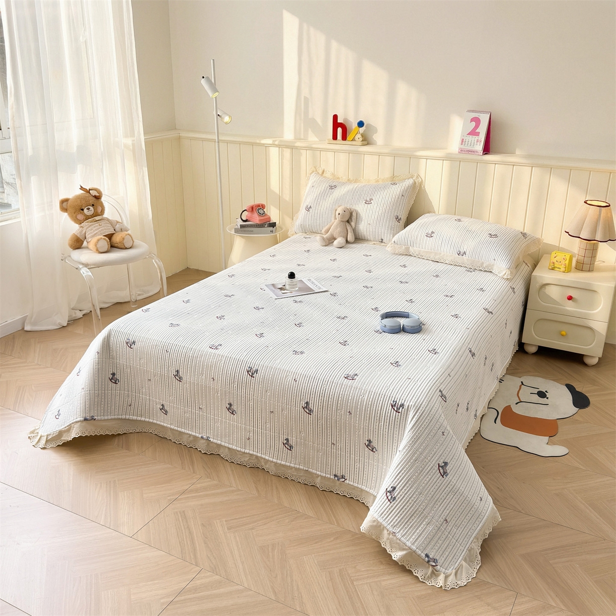 91家纺网 家纺一手货源 找家纺 雯豆家纺 2026春夏新款A类凉感花边床盖三件套 花边床盖-木马王子