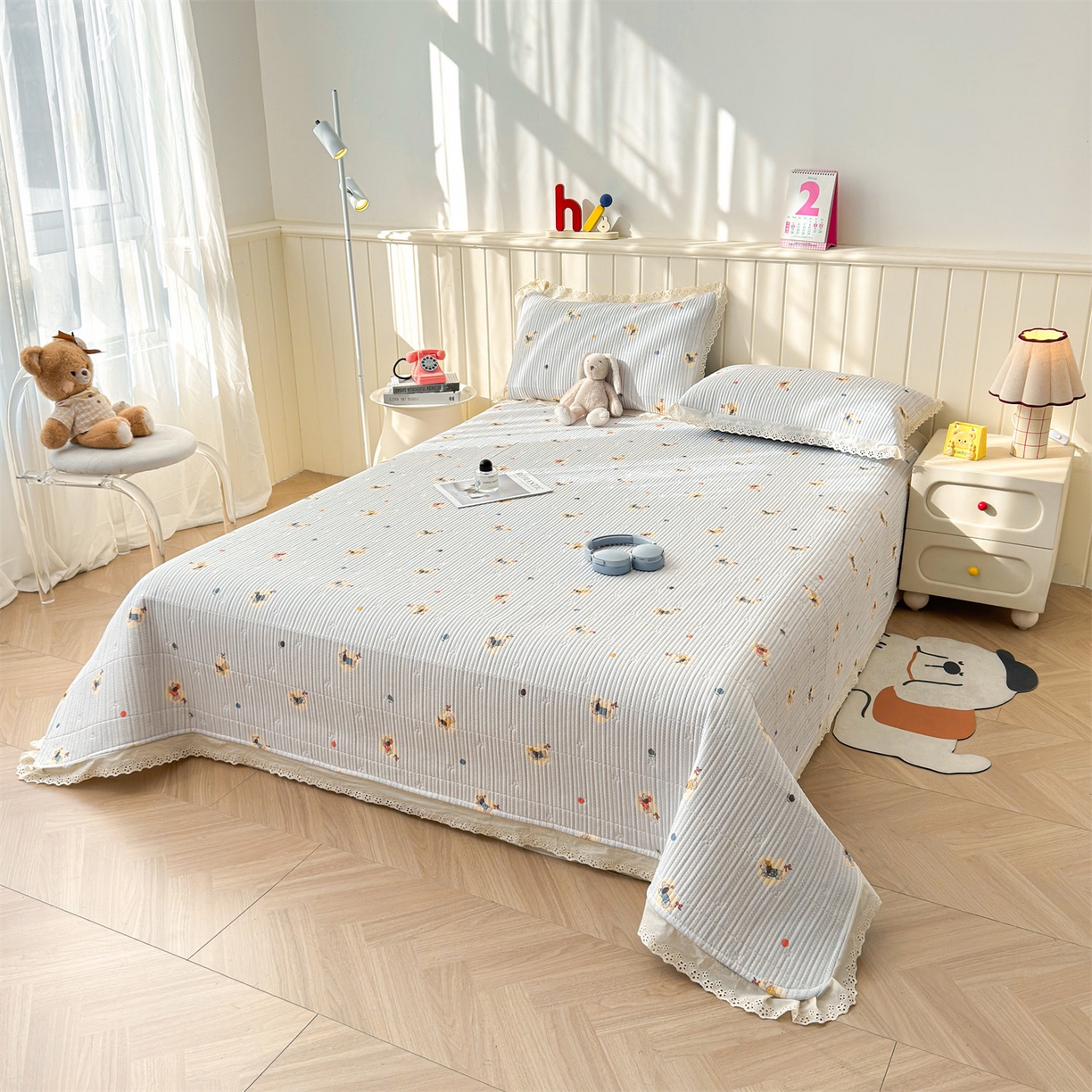 91家纺网 家纺一手货源 找家纺 雯豆家纺 2026春夏新款A类凉感花边床盖三件套 花边床盖-暖汪汪