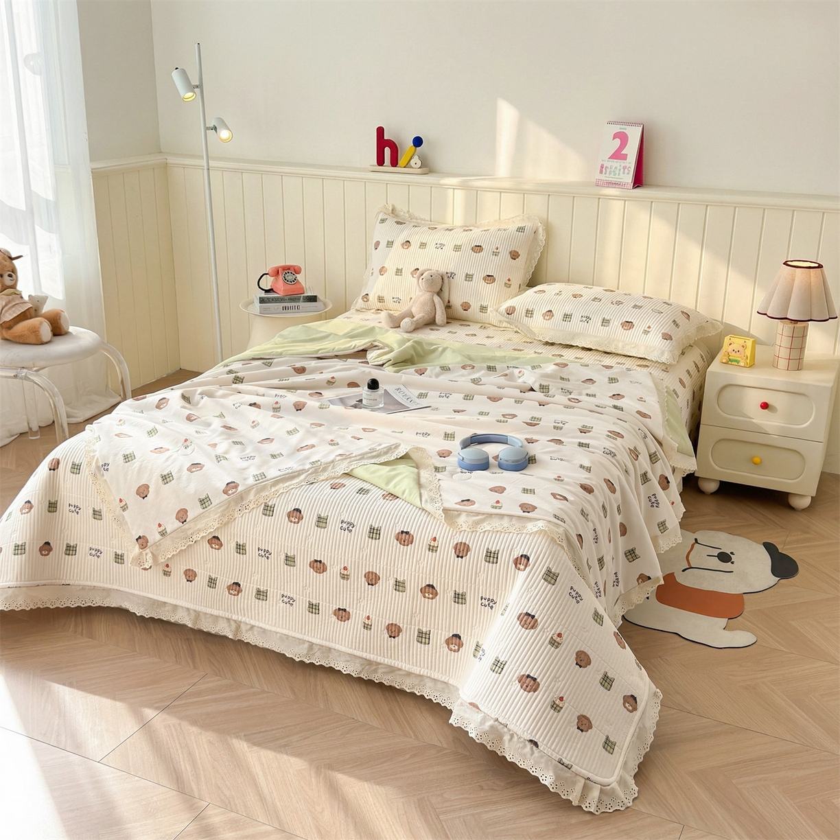 91家纺网 家纺一手货源 找家纺 雯豆家纺 2026春夏新款A类凉感花边床盖三件套 花边床盖-蛋糕小熊