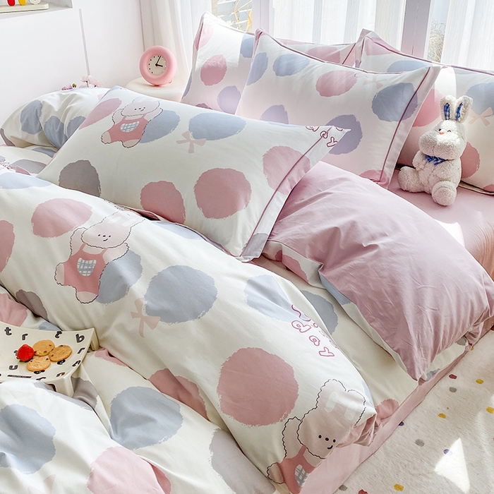 91家纺网 家纺一手货源 找家纺 眷恋家纺 2026新款全棉春夏铂金棉13376数码印花四件套 圆点精灵-粉