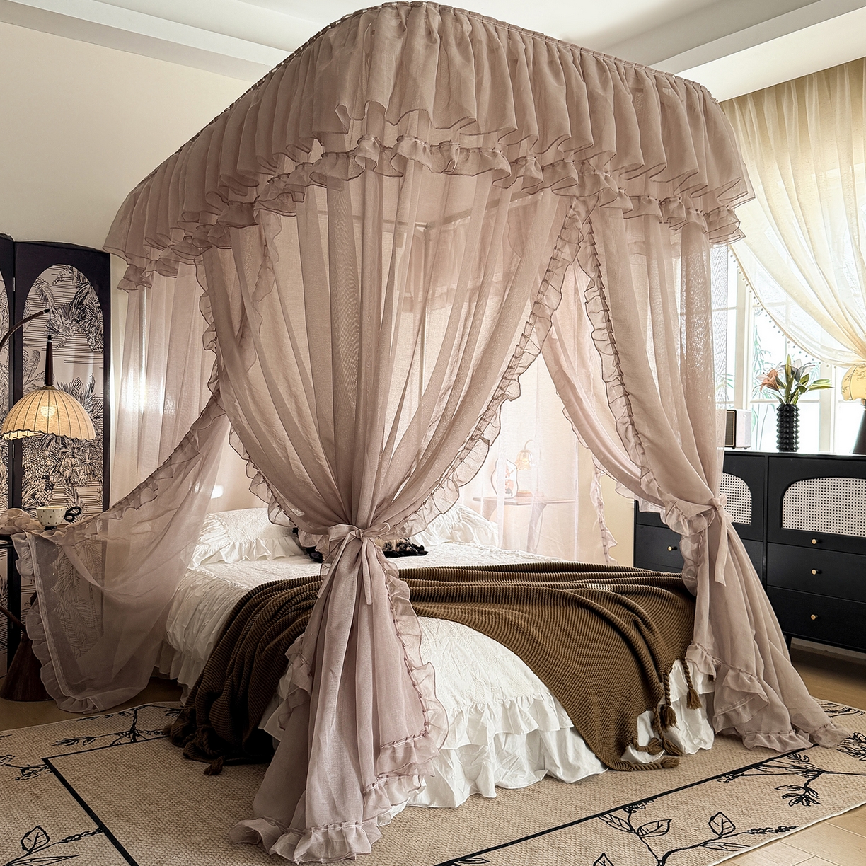 91家纺网 家纺一手货源 找家纺 都市缘蚊帐 2026年新款3303多丽棉纱纯色款轨道蚊帐1.5m 1.8m 摩卡