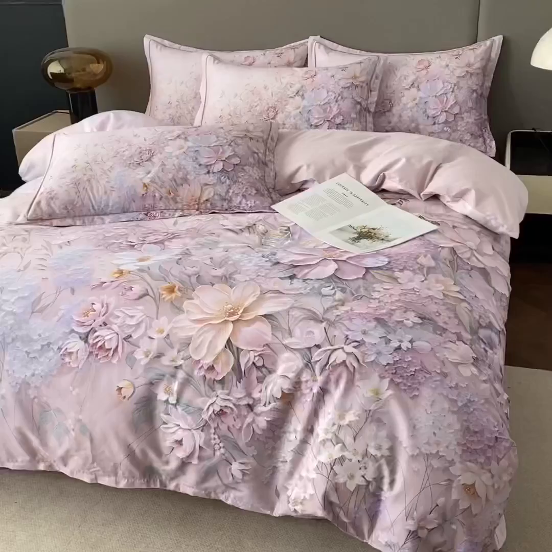 91家纺网 家纺一手货源 找家纺 眷恋家纺 2026新款全棉春夏铂金棉13376数码印花四件套 月光独白-粉