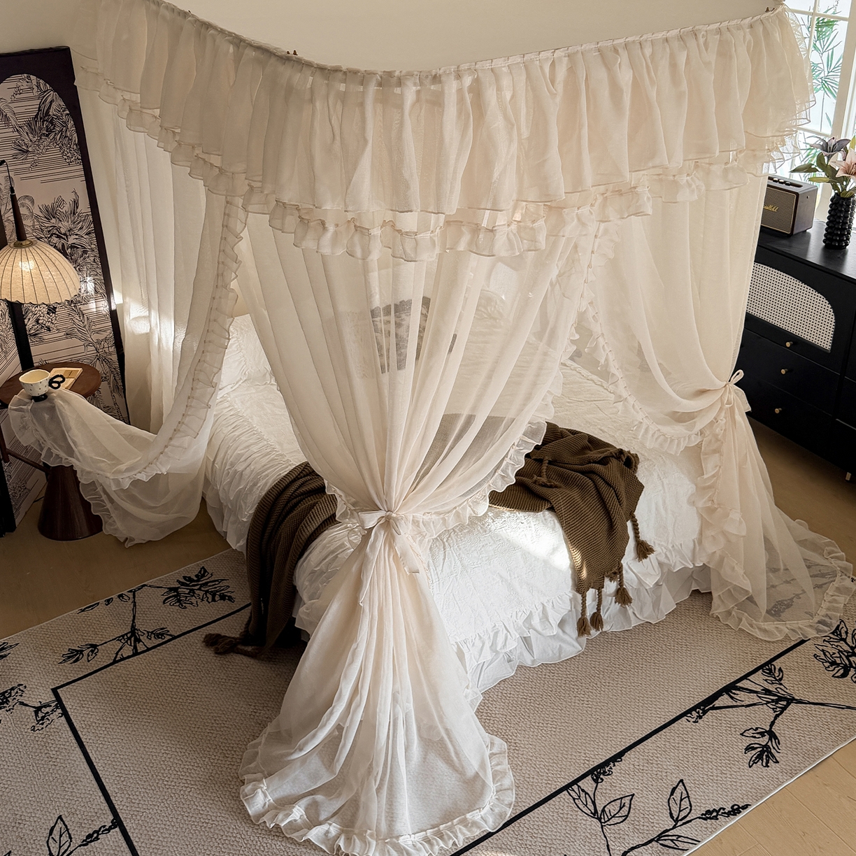 91家纺网 家纺一手货源 找家纺 都市缘蚊帐 2026年新款3303多丽棉纱纯色款轨道蚊帐1.5m 1.8m 麦芽杏-场景1