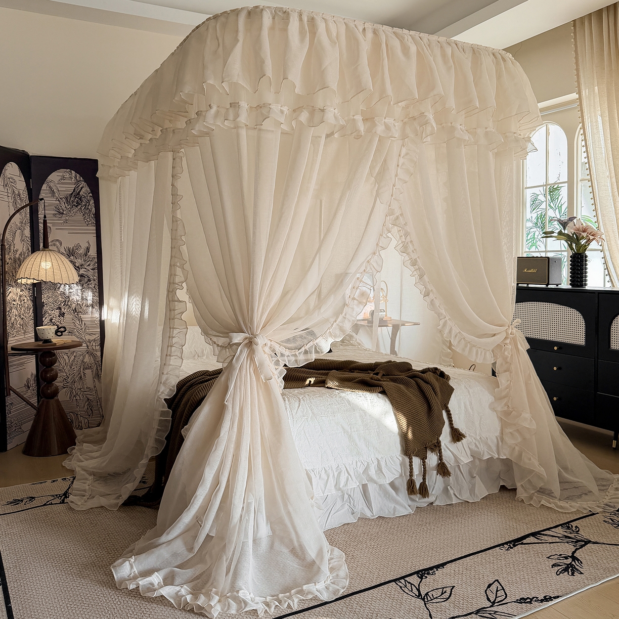 91家纺网 家纺一手货源 找家纺 都市缘蚊帐 2026年新款3303多丽棉纱纯色款轨道蚊帐1.5m 1.8m 麦芽杏-场景1