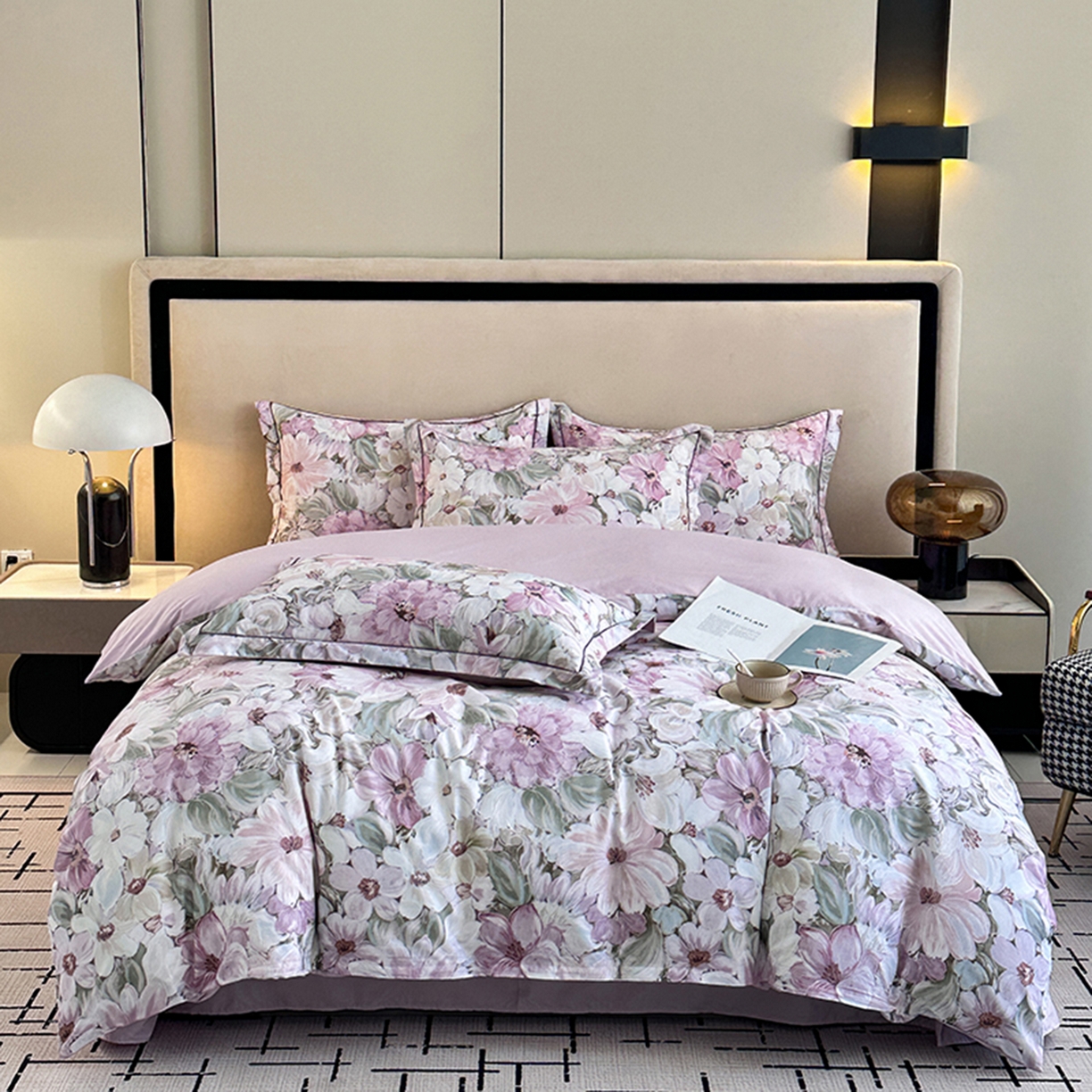 91家纺网 家纺一手货源 找家纺 眷恋家纺 2026新款全棉春夏铂金棉13376数码印花四件套 绽放序曲-粉