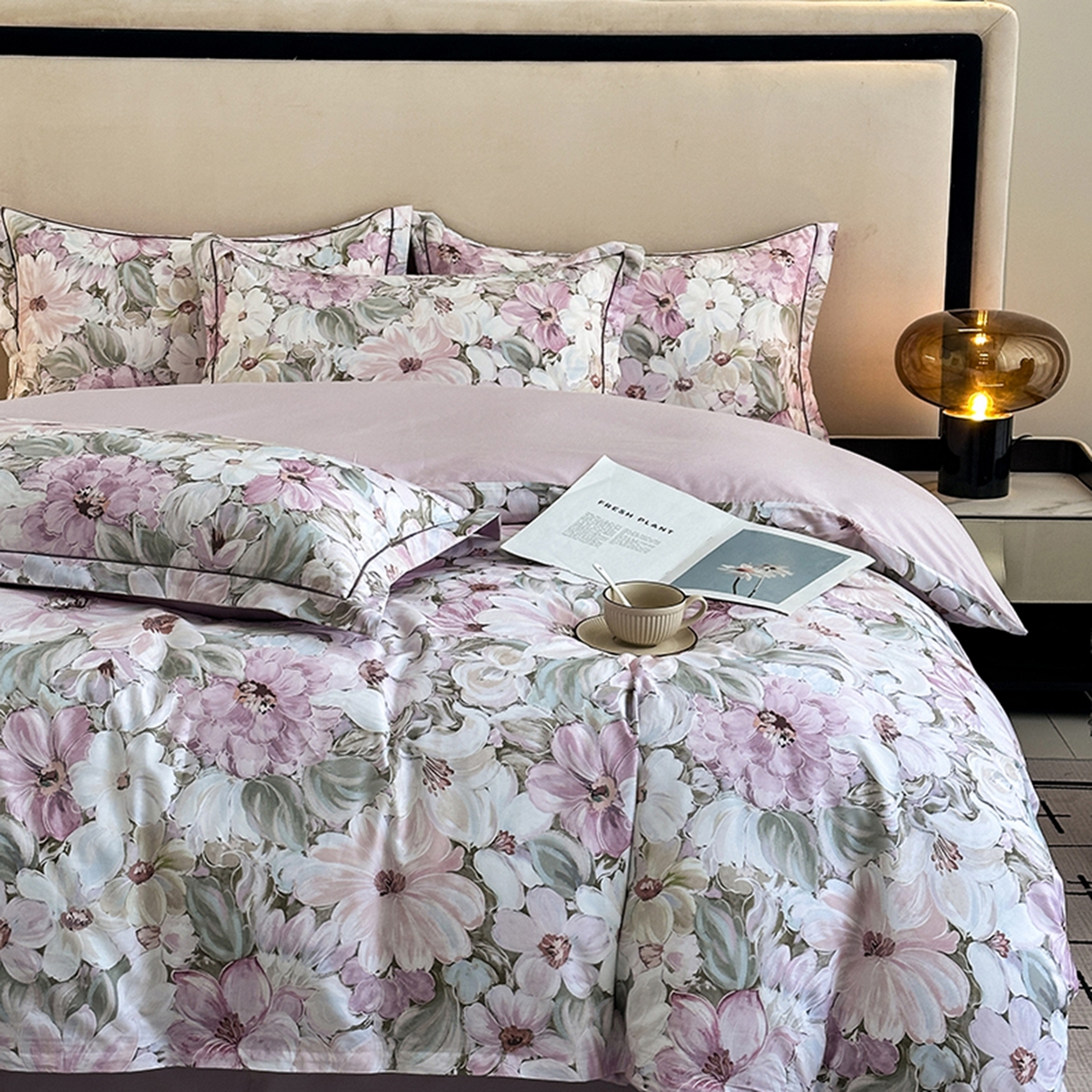 91家纺网 家纺一手货源 找家纺 眷恋家纺 2026新款全棉春夏铂金棉13376数码印花四件套 绽放序曲-粉