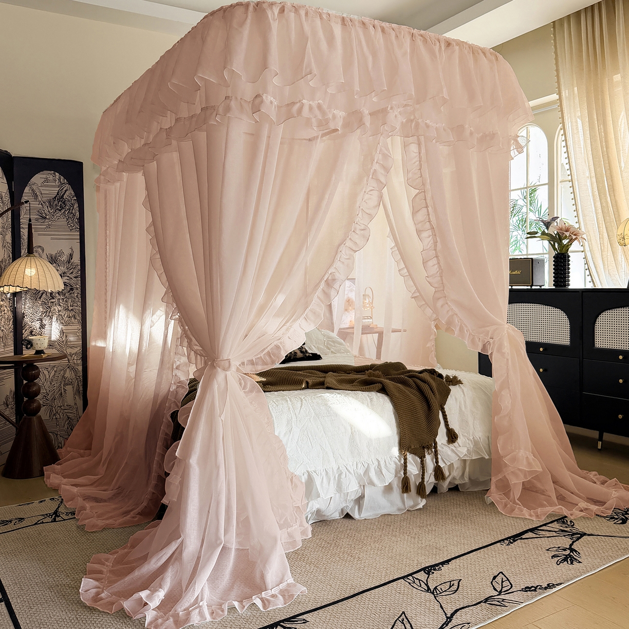 91家纺网 家纺一手货源 找家纺 都市缘蚊帐 2026年新款3303多丽棉纱纯色款轨道蚊帐1.5m 1.8m 粉扑色