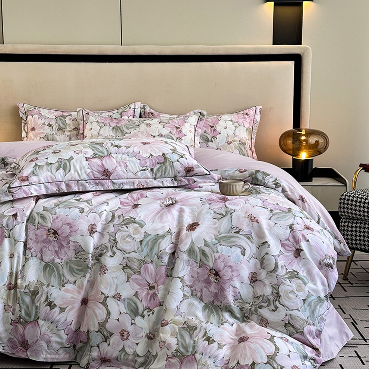 91家纺网 家纺一手货源 找家纺 眷恋家纺 2026新款全棉春夏铂金棉13376数码印花四件套 绽放序曲-粉