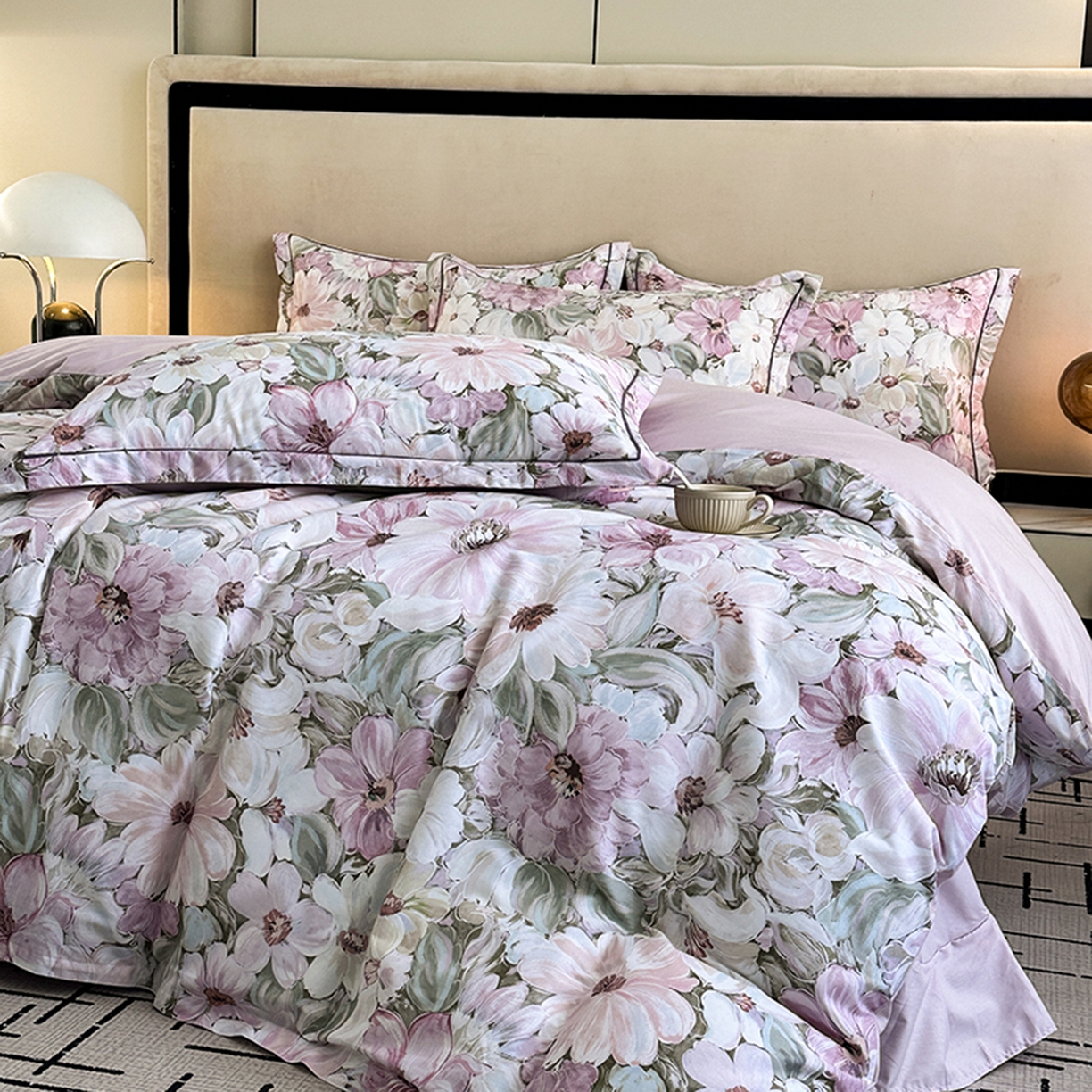 91家纺网 家纺一手货源 找家纺 眷恋家纺 2026新款全棉春夏铂金棉13376数码印花四件套 绽放序曲-粉