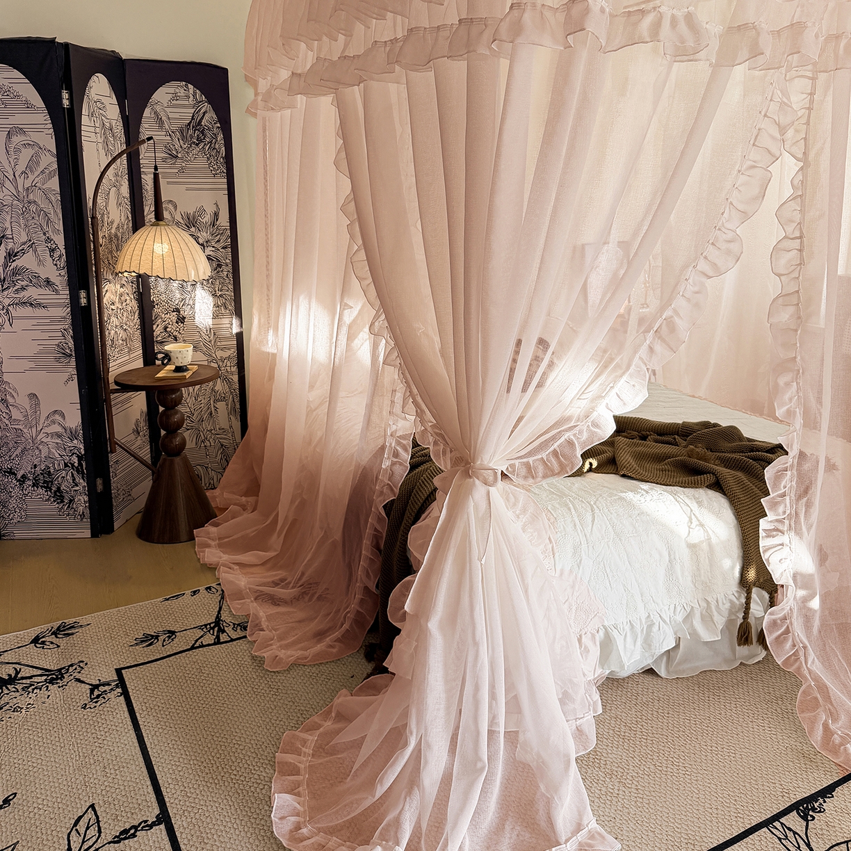 91家纺网 家纺一手货源 找家纺 都市缘蚊帐 2026年新款3303多丽棉纱纯色款轨道蚊帐1.5m 1.8m 粉扑色