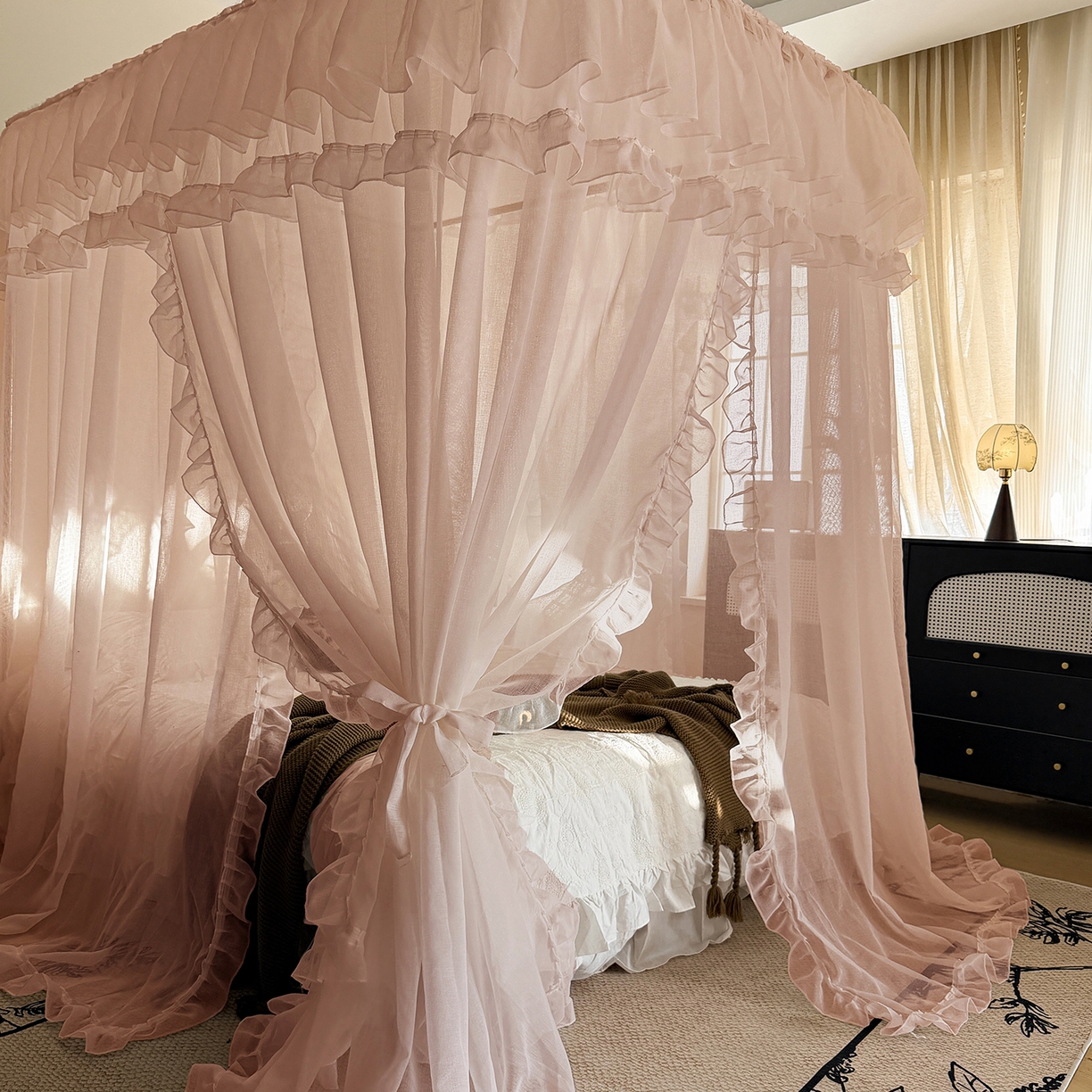 91家纺网 家纺一手货源 找家纺 都市缘蚊帐 2026年新款3303多丽棉纱纯色款轨道蚊帐1.5m 1.8m 粉扑色