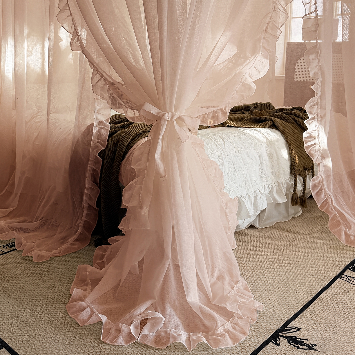 91家纺网 家纺一手货源 找家纺 都市缘蚊帐 2026年新款3303多丽棉纱纯色款轨道蚊帐1.5m 1.8m 粉扑色