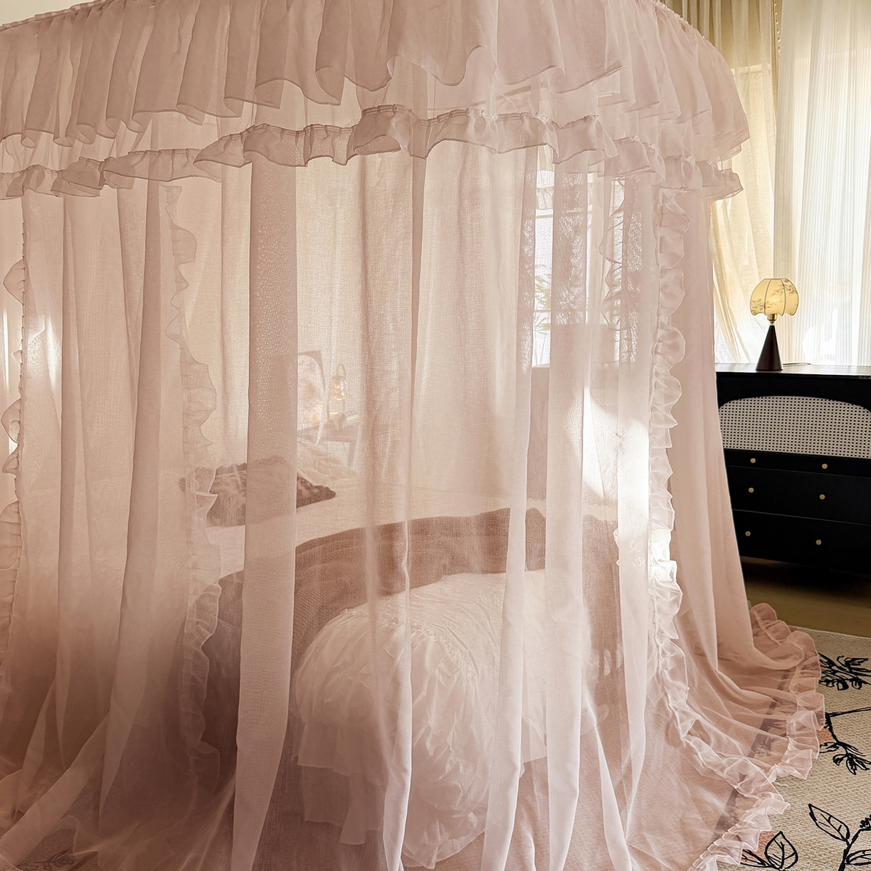 91家纺网 家纺一手货源 找家纺 都市缘蚊帐 2026年新款3303多丽棉纱纯色款轨道蚊帐1.5m 1.8m 粉扑色