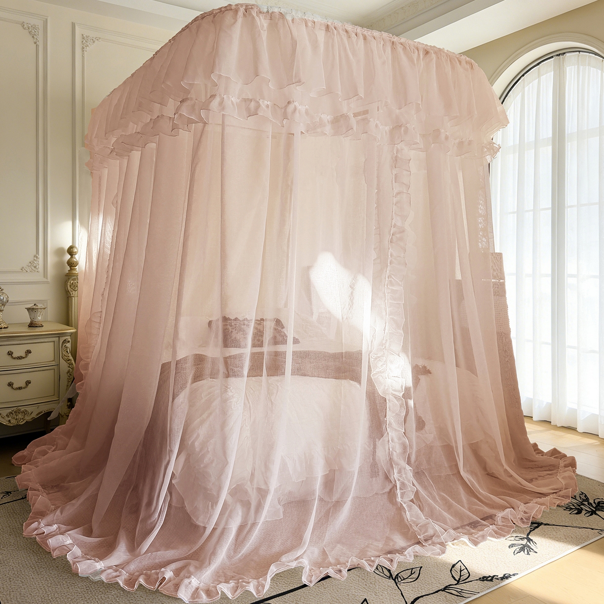 91家纺网 家纺一手货源 找家纺 都市缘蚊帐 2026年新款3303多丽棉纱纯色款轨道蚊帐1.5m 1.8m 粉扑色