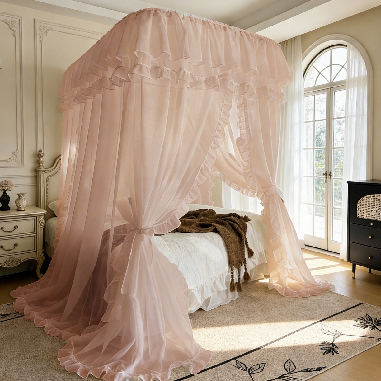 91家纺网 家纺一手货源 找家纺 都市缘蚊帐 2026年新款3303多丽棉纱纯色款轨道蚊帐1.5m 1.8m 粉扑色