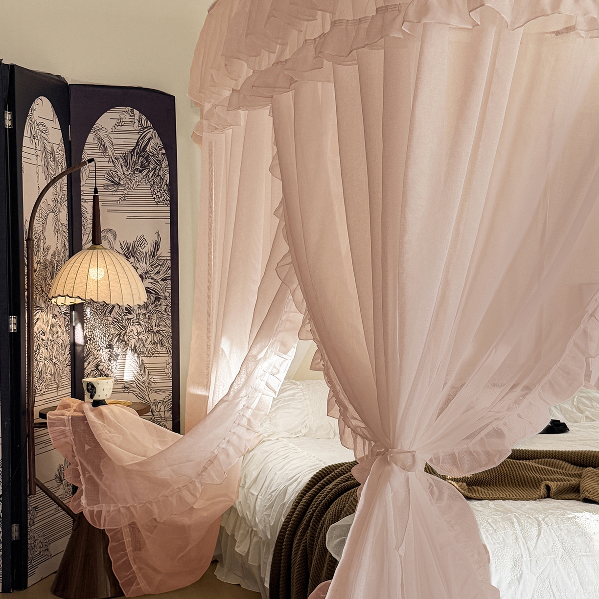 91家纺网 家纺一手货源 找家纺 都市缘蚊帐 2026年新款3303多丽棉纱纯色款轨道蚊帐1.5m 1.8m 粉扑色