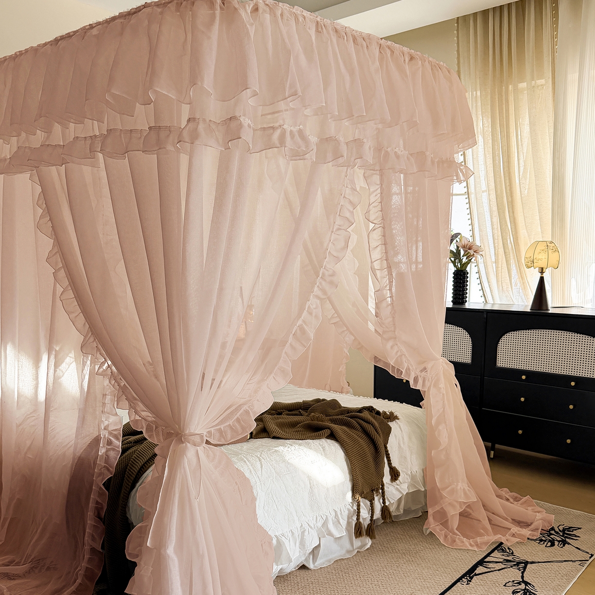 91家纺网 家纺一手货源 找家纺 都市缘蚊帐 2026年新款3303多丽棉纱纯色款轨道蚊帐1.5m 1.8m 粉扑色