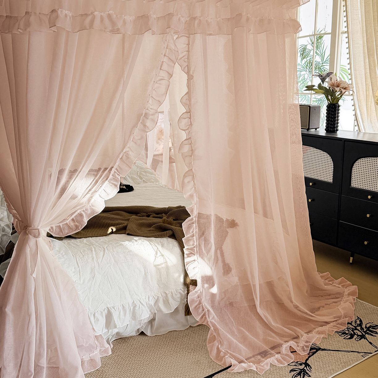 91家纺网 家纺一手货源 找家纺 都市缘蚊帐 2026年新款3303多丽棉纱纯色款轨道蚊帐1.5m 1.8m 粉扑色