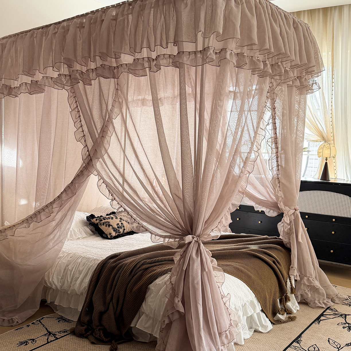 91家纺网 家纺一手货源 找家纺 都市缘蚊帐 2026年新款3303多丽棉纱纯色款轨道蚊帐1.5m 1.8m 摩卡