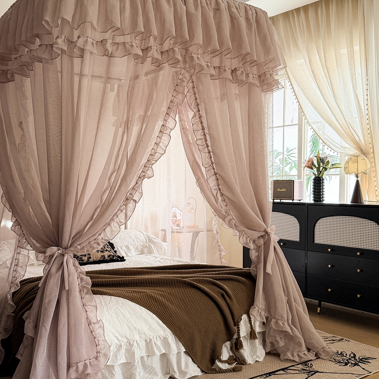 91家纺网 家纺一手货源 找家纺 都市缘蚊帐 2026年新款3303多丽棉纱纯色款轨道蚊帐1.5m 1.8m 摩卡