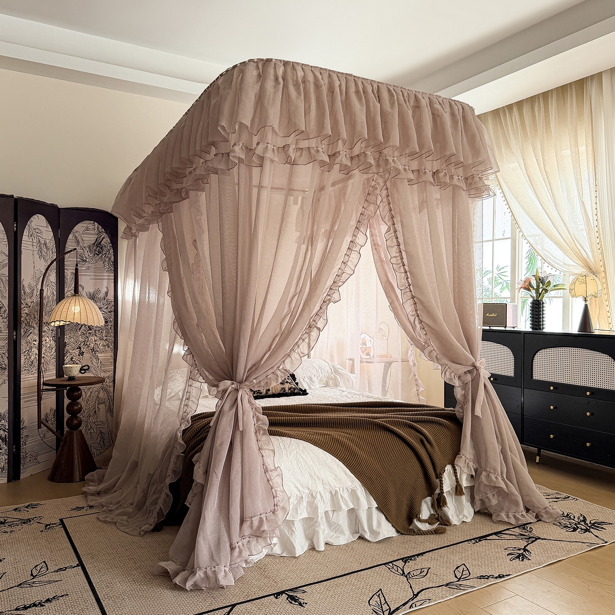 91家纺网 家纺一手货源 找家纺 都市缘蚊帐 2026年新款3303多丽棉纱纯色款轨道蚊帐1.5m 1.8m 摩卡