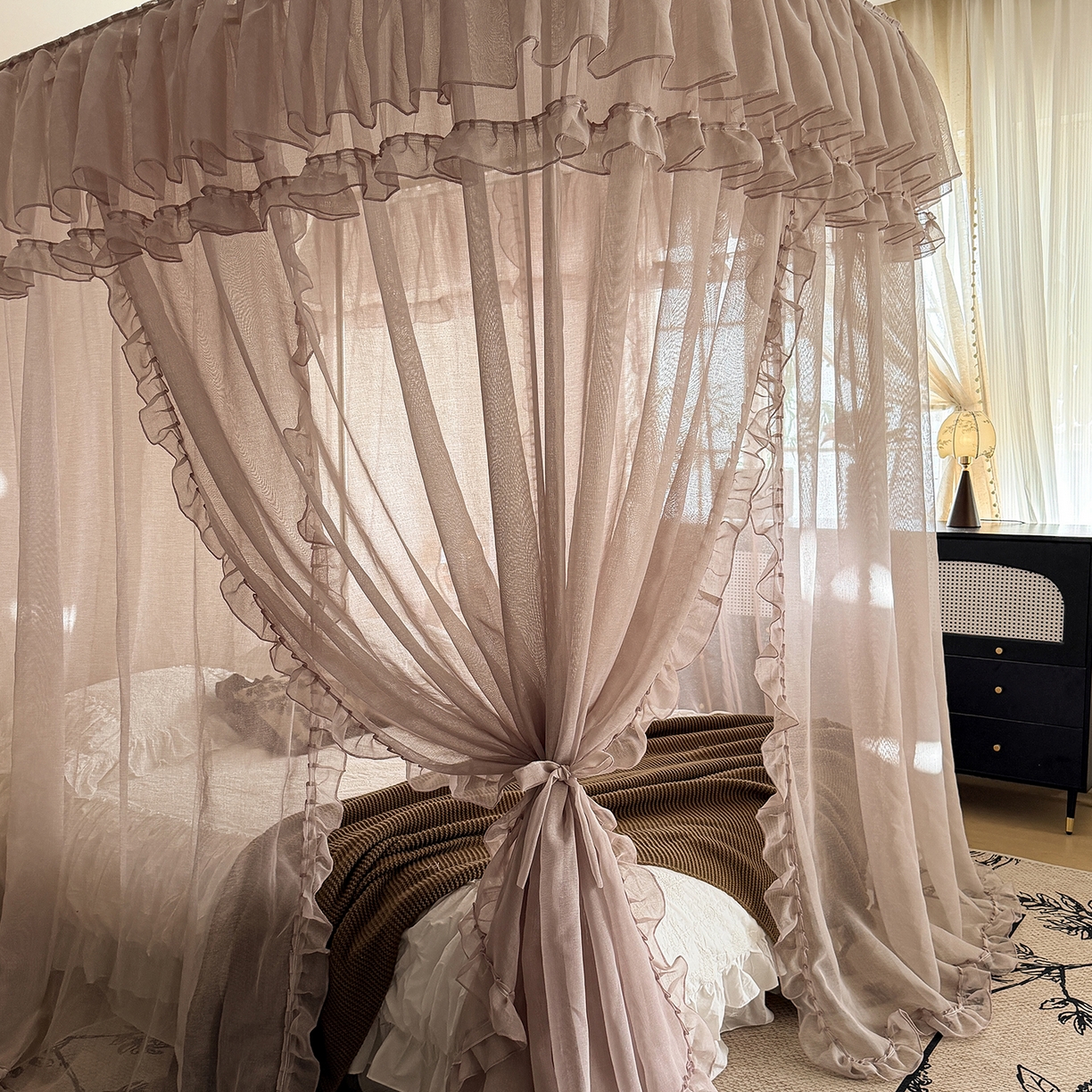 91家纺网 家纺一手货源 找家纺 都市缘蚊帐 2026年新款3303多丽棉纱纯色款轨道蚊帐1.5m 1.8m 摩卡