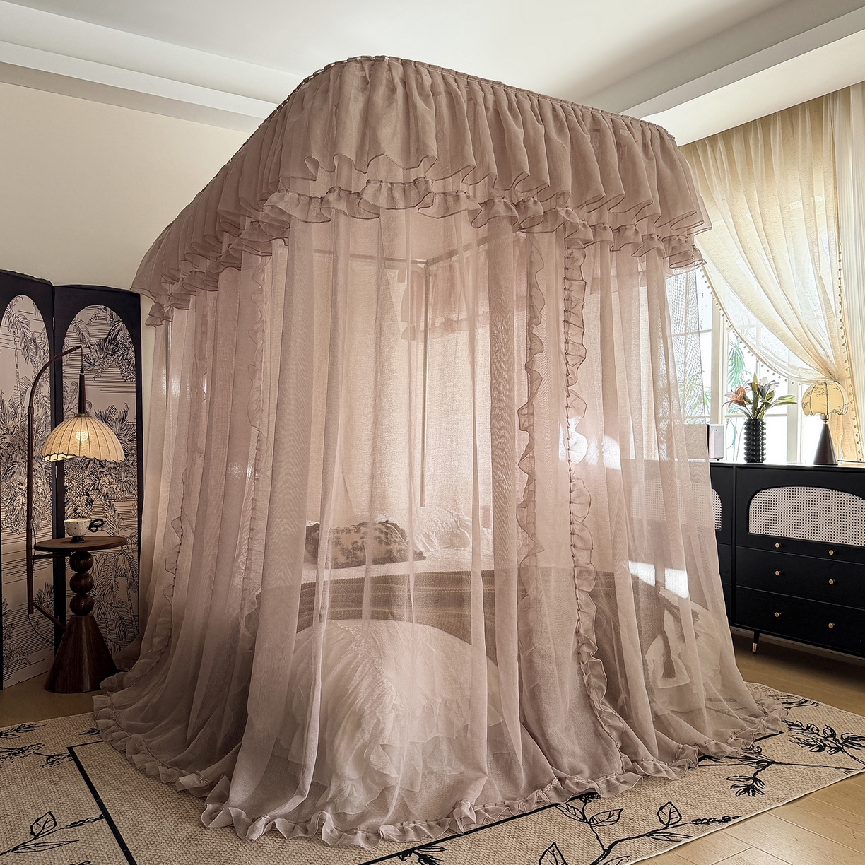 91家纺网 家纺一手货源 找家纺 都市缘蚊帐 2026年新款3303多丽棉纱纯色款轨道蚊帐1.5m 1.8m 摩卡