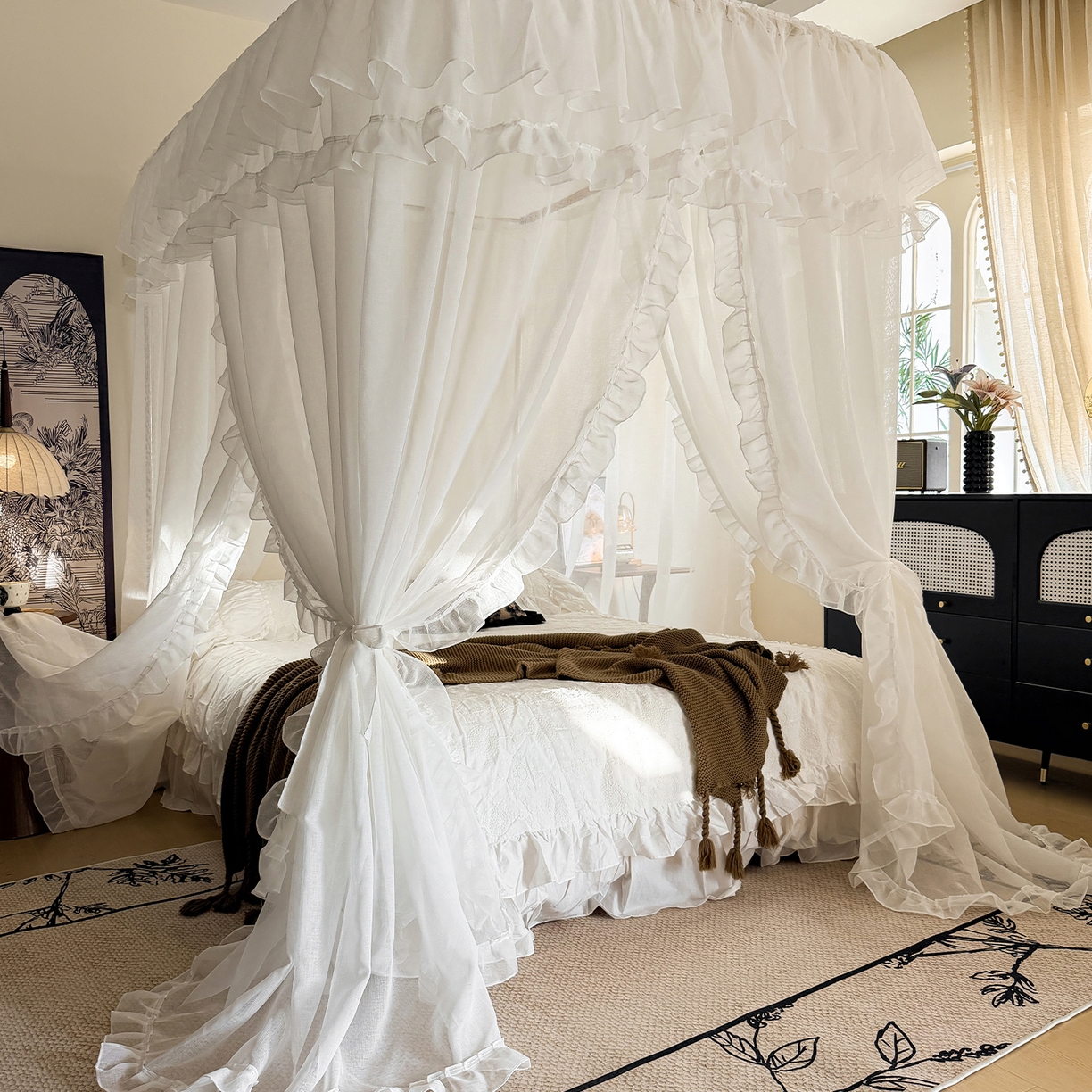 都市缘蚊帐 2026年新款3303多丽棉纱纯色款轨道蚊帐1.5m 1.8m 云雾白-场景1