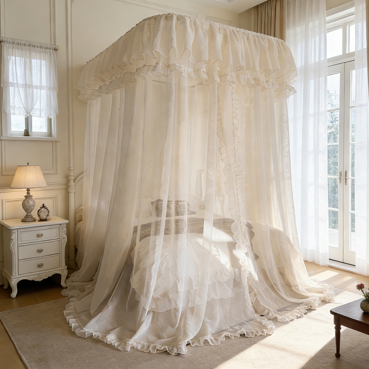 91家纺网 家纺一手货源 找家纺 都市缘蚊帐 2026年新款3303多丽棉纱纯色款轨道蚊帐1.5m 1.8m 麦芽杏-场景2