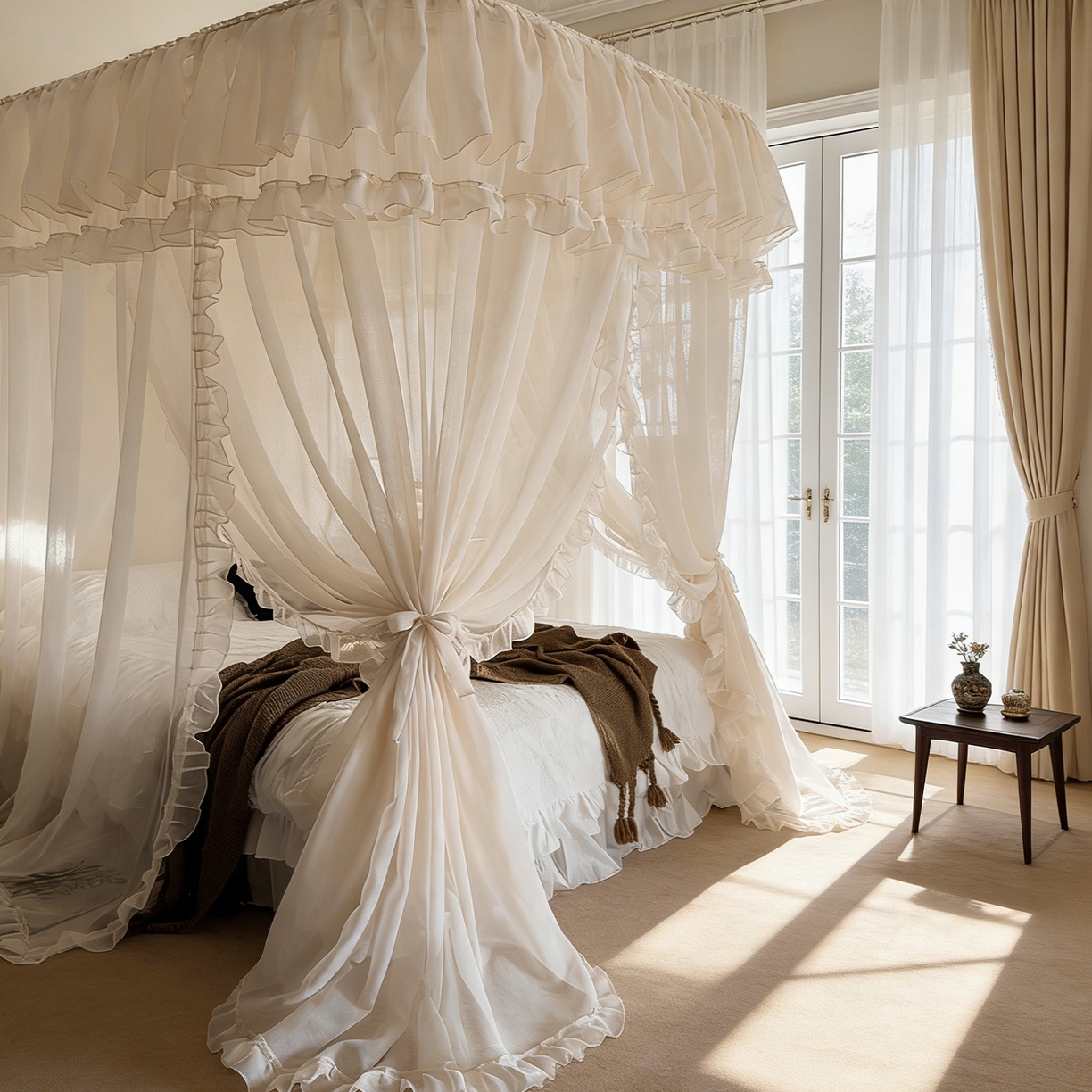 91家纺网 家纺一手货源 找家纺 都市缘蚊帐 2026年新款3303多丽棉纱纯色款轨道蚊帐1.5m 1.8m 麦芽杏-场景2