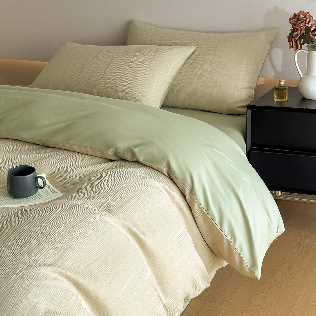 91家纺网 家纺一手货源 找家纺 曼之夏 2026新款60支全棉水洗浮雕提花四件套 佐冉-浅茶色