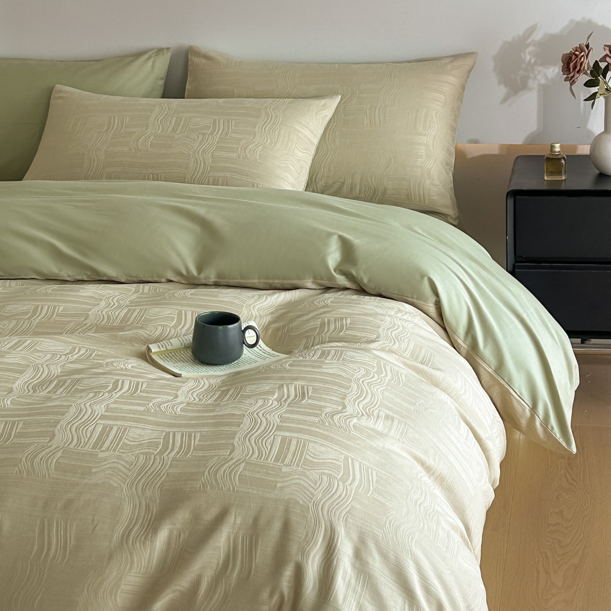 91家纺网 家纺一手货源 找家纺 曼之夏 2026新款60支全棉水洗浮雕提花四件套 幻纤影-浅茶色