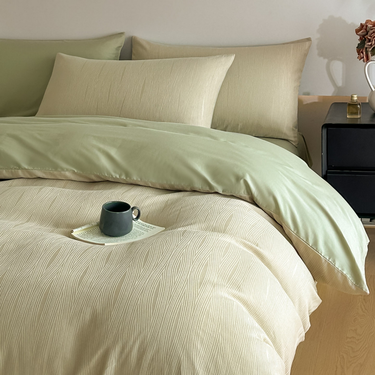 91家纺网 家纺一手货源 找家纺 曼之夏 2026新款60支全棉水洗浮雕提花四件套 佐冉-浅茶色