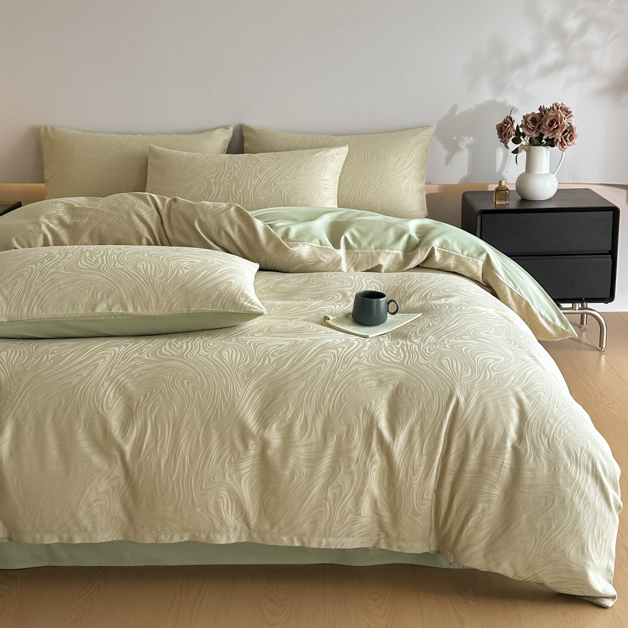 91家纺网 家纺一手货源 找家纺 曼之夏 2026新款60支全棉水洗浮雕提花四件套 凯迪娜-浅茶色