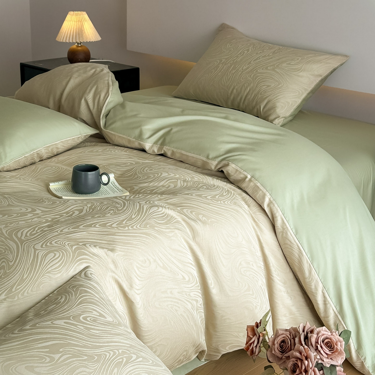 91家纺网 家纺一手货源 找家纺 曼之夏 2026新款60支全棉水洗浮雕提花四件套 凯迪娜-浅茶色