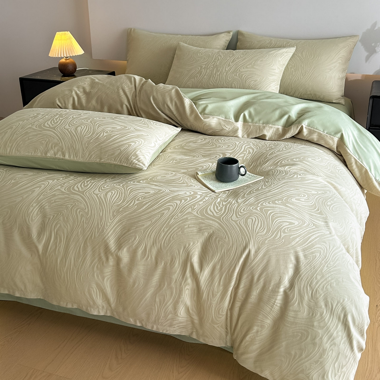 91家纺网 家纺一手货源 找家纺 曼之夏 2026新款60支全棉水洗浮雕提花四件套 凯迪娜-浅茶色