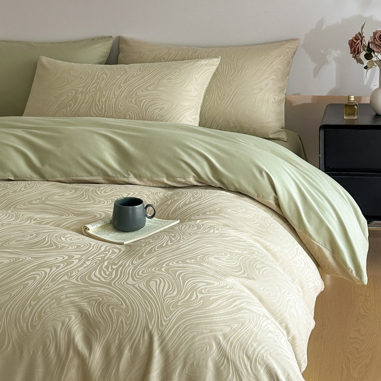 91家纺网 家纺一手货源 找家纺 曼之夏 2026新款60支全棉水洗浮雕提花四件套 凯迪娜-浅茶色