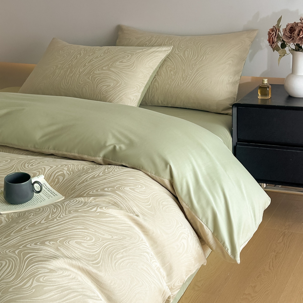 91家纺网 家纺一手货源 找家纺 曼之夏 2026新款60支全棉水洗浮雕提花四件套 凯迪娜-浅茶色