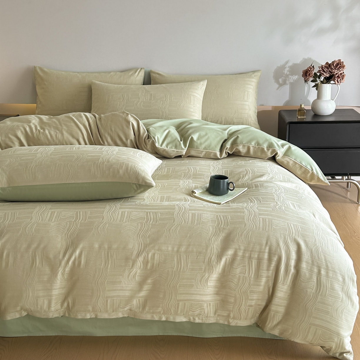 91家纺网 家纺一手货源 找家纺 曼之夏 2026新款60支全棉水洗浮雕提花四件套 幻纤影-浅茶色