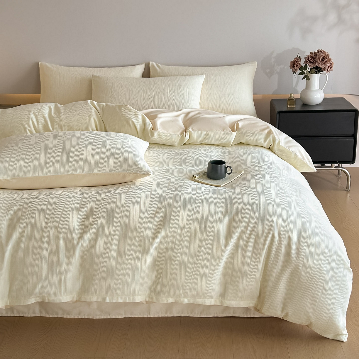 91家纺网 家纺一手货源 找家纺 曼之夏 2026新款60支全棉水洗浮雕提花四件套 佐冉-米白